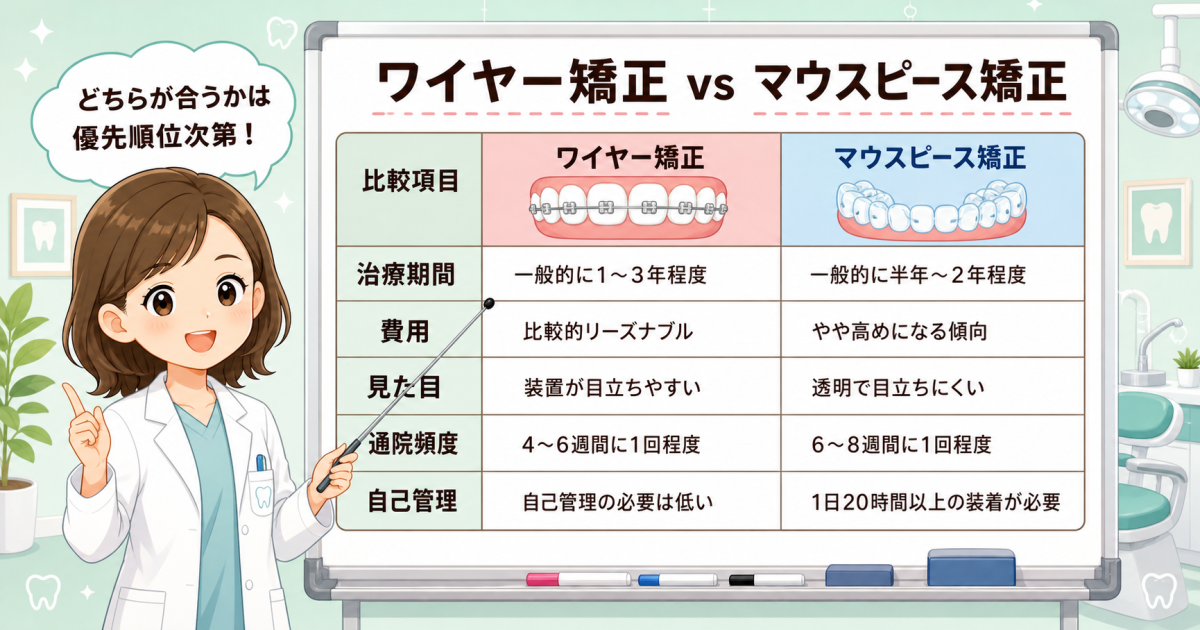 ワイヤー矯正とマウスピース矯正の違いを5項目で比較
